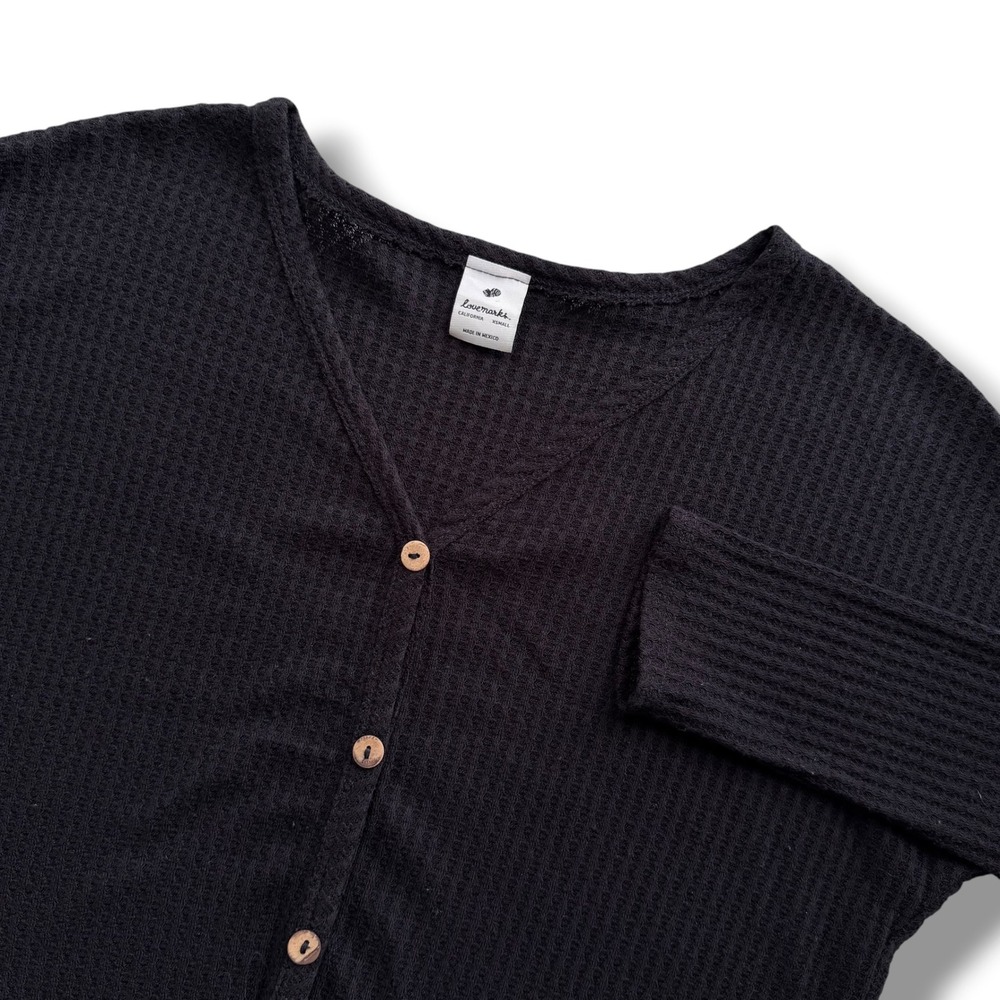 Lovemarks Women's XS Black Waffle‎ Knit Tie Front Button Thermal Top Blouse Boho
